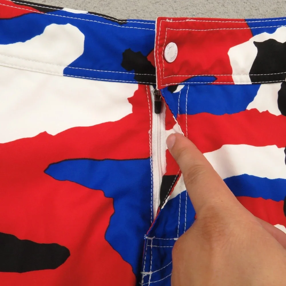 Stussy Mens Camo Swim Trunks 32 Blue Red White Board Shorts 6in Inseam